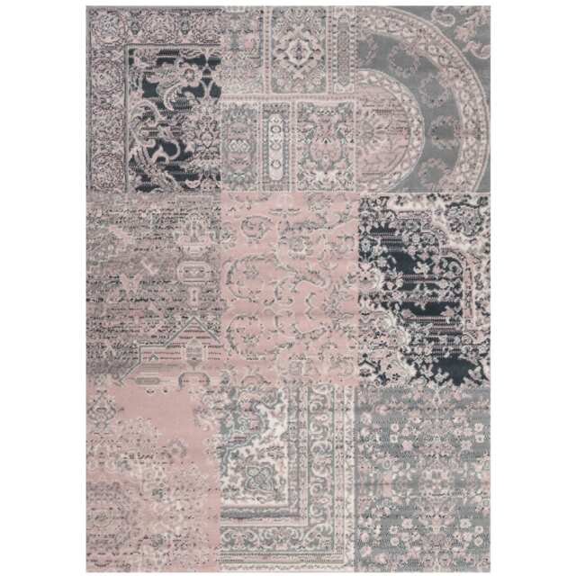 KUKOON Blush Pink Grey Traditional Patchwork Living Area Rug 190cm x 280cm