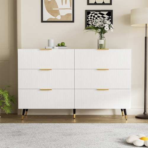VILUXE 120cm 6-Drawer Sideboard with Wave-Textured Fronts, Gold-Tone Handles and Legs, White, 120 x 40 x 77cm