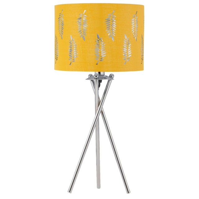 Chrome Tripod Table Lamp with Ochre Fern Cut Out Shade Chrome Yellow Large 1