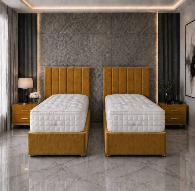 5ft Kingsize Zip Link 6x6 Length Mustard Plush Divan Bed Full Set No Drawers