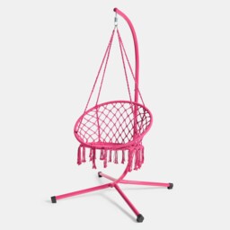 OHS Macrame Hanging Chair Outdoor Swing Garden Hammock Rope Tassels Pink Bright Pink