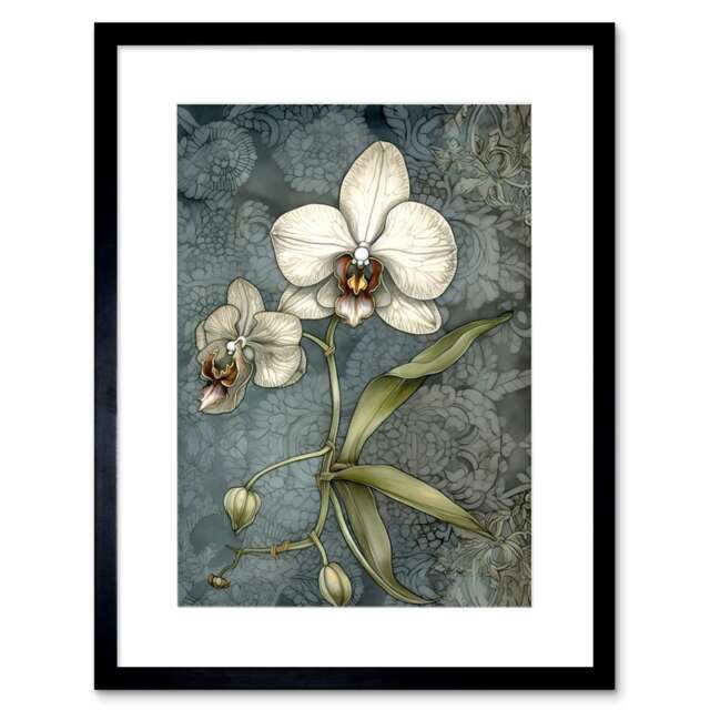 "Orchid Flower Blooms Pastel Colour Art Nouveau 9x7"" Black Framed Wall Art Print"