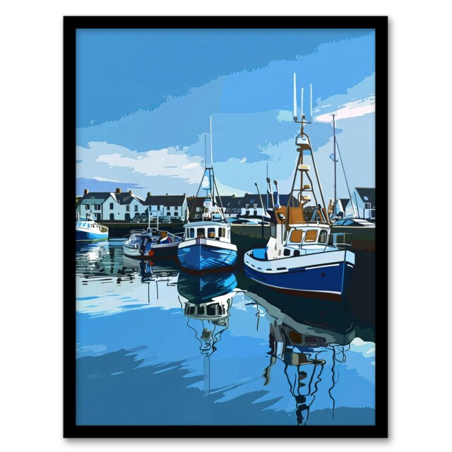 Fishing Boats Padstow Harbour Digital Home Decor Black Framed Wall Art Print A4
