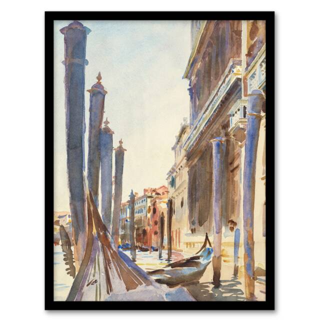 "Gondola Moorings on the Grand Canal Sargent Framed Wall Art Print 12X16"""