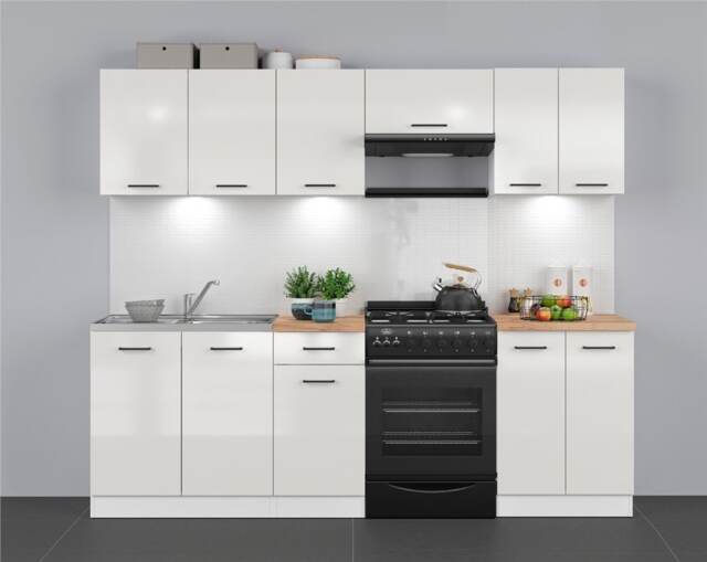 Under Sink Kitchen Unit 800mm Base Cabinet Chalk White Gloss with Steel Sink Sit On Style Modern Junona