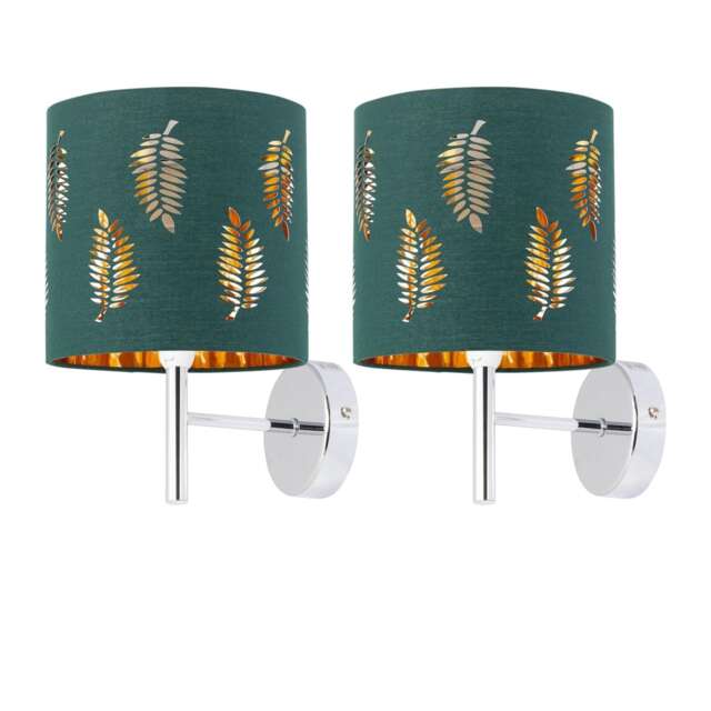 Set of 2 Brea - Chrome Wall Lights with Dark Green Fern Shades Chrome Green 2