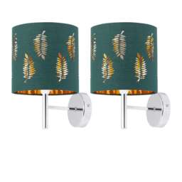 Set of 2 Brea - Chrome Wall Lights with Dark Green Fern Shades Chrome Green 2