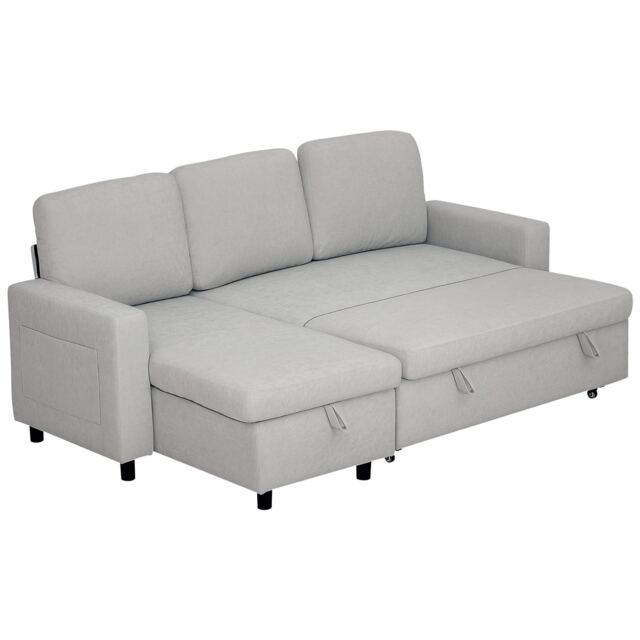 HOMCOM Sofa Bed with Storage, Convertible L Shaped Corner Sleeper Couch, 3 Seater Pull Out Sofa Bed with Reversible Chaise, Side Pockets for Living Room, Bedroom, Small Spaces, Light Grey Grey One Size