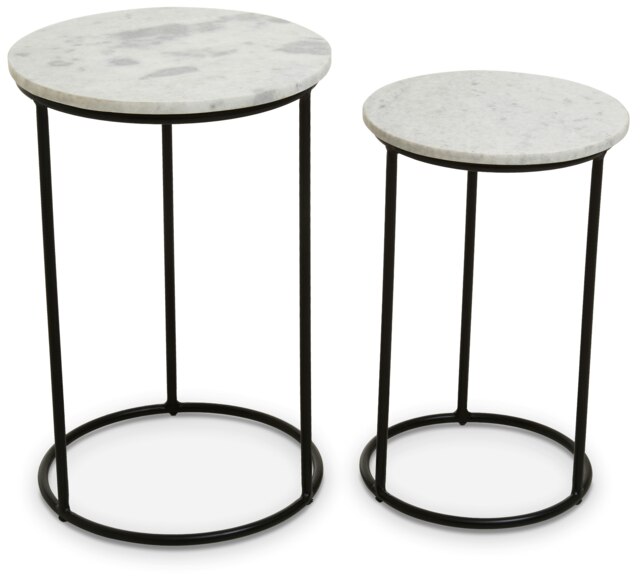 Orsina Nest of 2 Natural Marble Top Side Tables Set, Round End Tables for Home, Black Powder Painted Bedside Tables