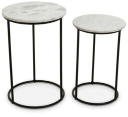 Orsina Nest of 2 Natural Marble Top Side Tables Set, Round End Tables for Home, Black Powder Painted Bedside Tables