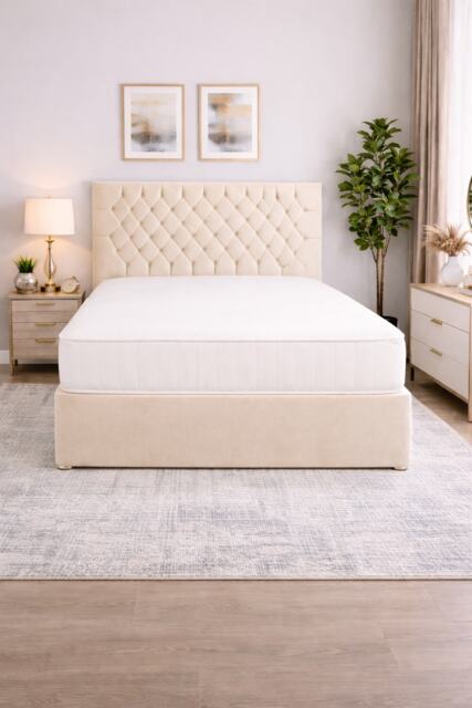 4FT Small Double Pastel Cream Coniston Divan Bed Set with Headboard & Orthopedic Mattress 2 Drawers One Each Side