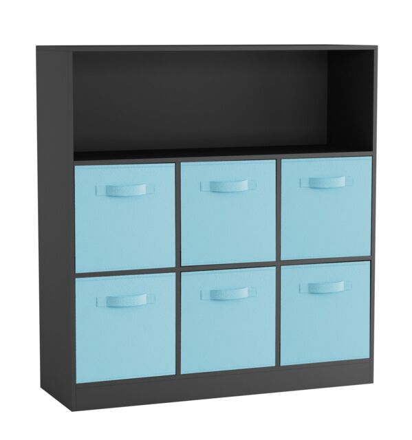Wide 7-Cube Bookcase With Drawers Black Black & Sky Blue 1