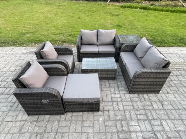 Fimous Rattan Garden Furniture Set 7 Seater Patio Outdoor Lounge Sofa Set with 2 Reclining Chairs Rectangular Coffee Table Big Footstool Side Table Dark Grey Mixed