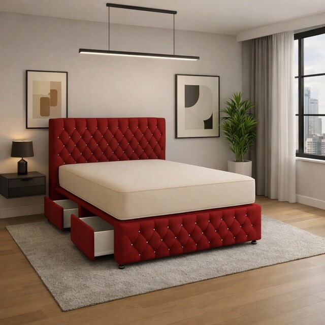 Chesterfield 3ft single maroon plush divan bed set headboard and mattress storage No Drawers