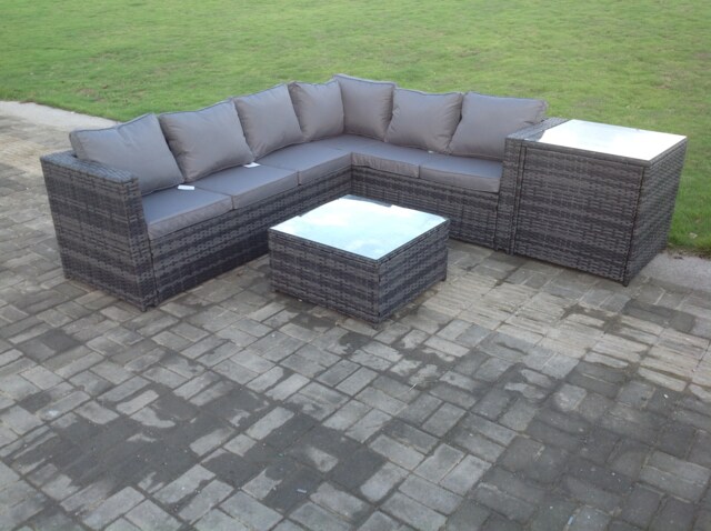 Fimous Rattan Corner Sofa Set Garden Furniture With Coffee Tall Table And Side Table