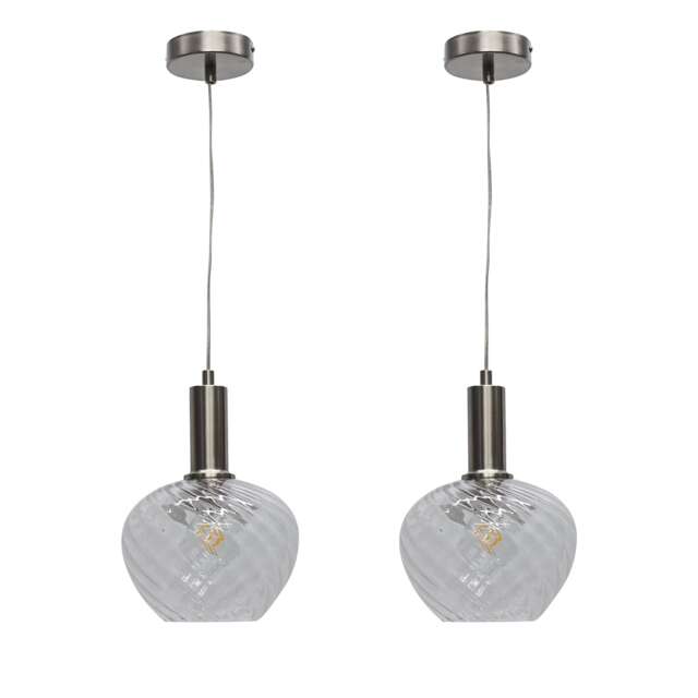 Set of 2 Bradson - Clear Swirl Glass Satin Nickel Deco Pendants