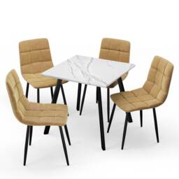 5-Piece Dining Set - 80cm Square Table and 4 Upholstered Velvet Chairs with Metal Legs White White Marble & Curly Yellow 5