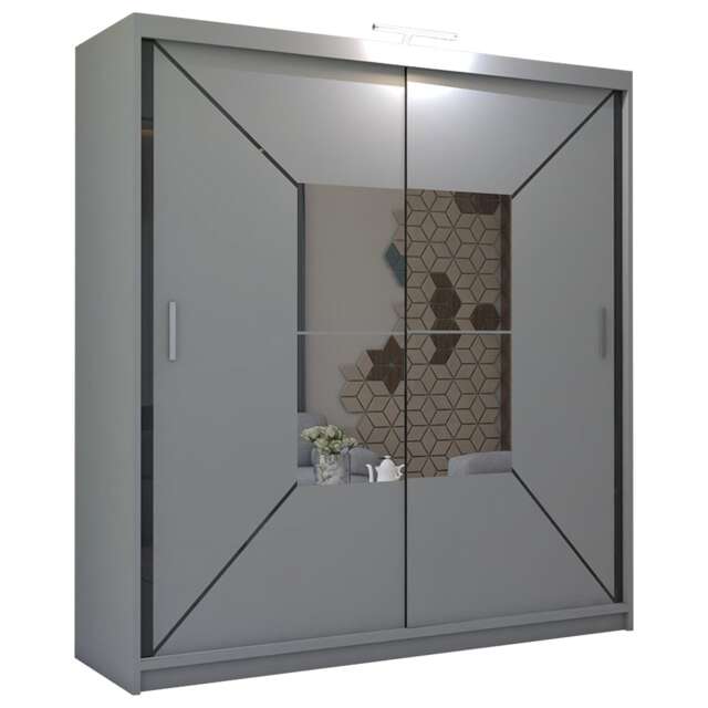 Sliding Wardrobes 4U Modern Geometric Mirror Sliding Wardrobe – 120cm to 203cm, Stylish Bedroom Storage in White, Black & Grey Grey Grey150cm 150cm