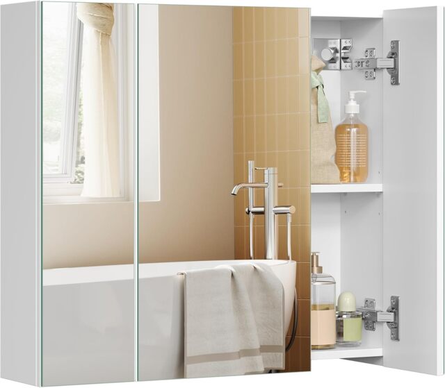 3-Door Bathroom Mirror Cabinet with Adjustable Shelf, Wall-Mounted Storage Unit, White