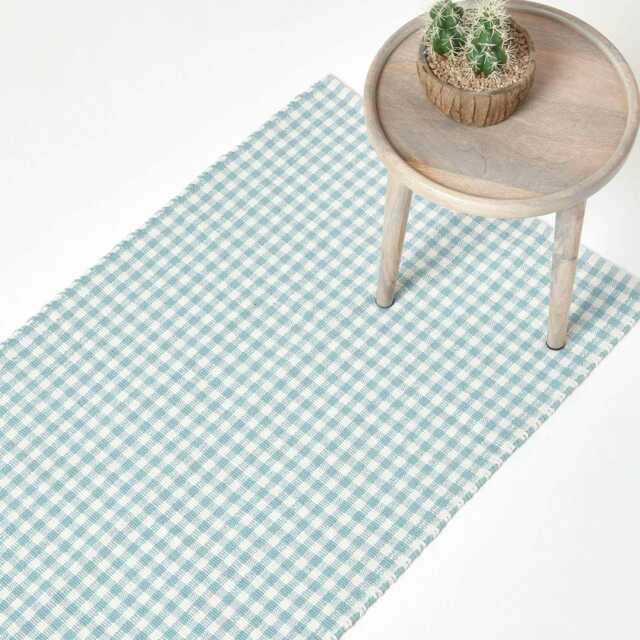 Homescapes Cotton Gingham Check Hall Runner Hand Woven Blue White - 66 x 200 cm Blue Blue