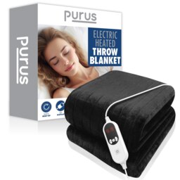 Purus Deluxe Black XL Electric Throw Heated Double Over Blanket Soft Fleece 12hr Timer