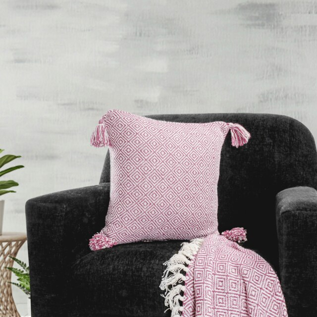 Shabby Chic Vintage Look Tassel Edge Cushion - 43cm x 43cm Pink