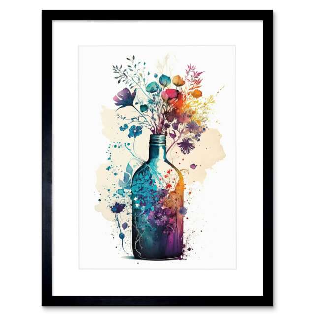 "Spring Wildflower Bouquet Glass Wine Bottle Watercolour 9x7"" Black Framed Wall Art Print"