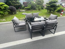 Fimous Aluminum Garden Furniture Dining Set Adjustable Rising Lifting Table And Chairs Patio Outdoor 6 Seat Black Tempered Glass Dark Grey