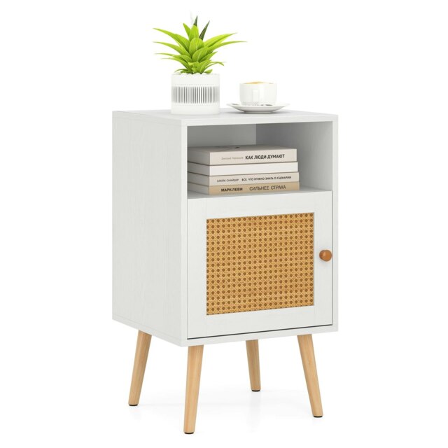 COSTWAY Rattan Nightstand Bedroom Bedside Table White White