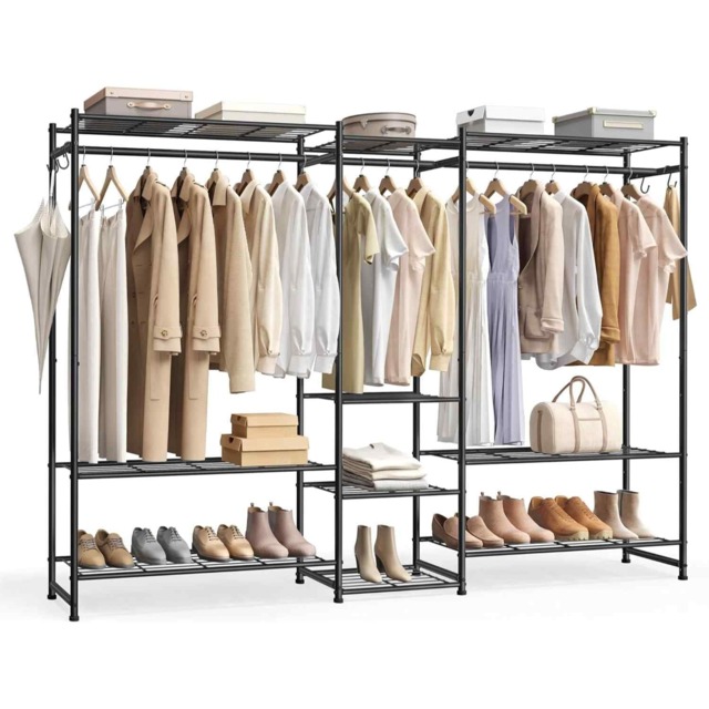 Large Open Wardrobe, Clothes Rack with 10 Shelves, 3 Hanging Rails and S-Hooks, Black