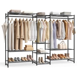 Large Open Wardrobe, Clothes Rack with 10 Shelves, 3 Hanging Rails and S-Hooks, Black