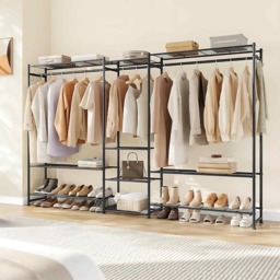Large Open Wardrobe, Clothes Rack with 10 Shelves, 3 Hanging Rails and S-Hooks, Black
