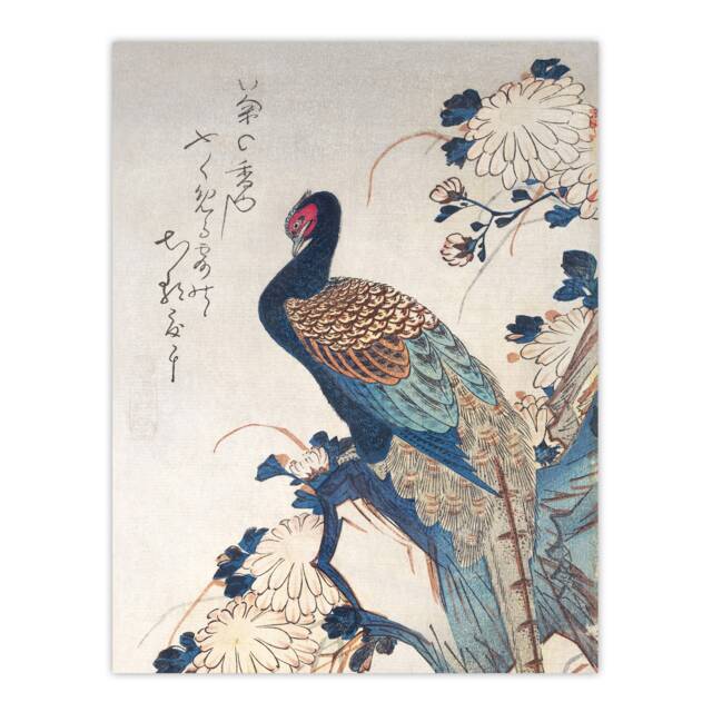 "Pheasant And Chrysanthemums Japanese Wall Art Print Hiroshige 24x32"""