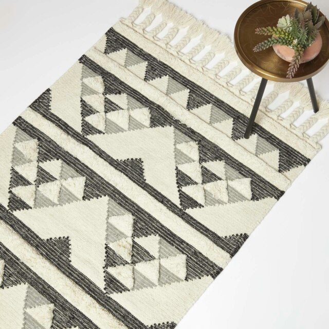 Homescapes Kota Black and Grey Kilim Wool Rug - 90 x 150 cm Grey 90 x 150 cm