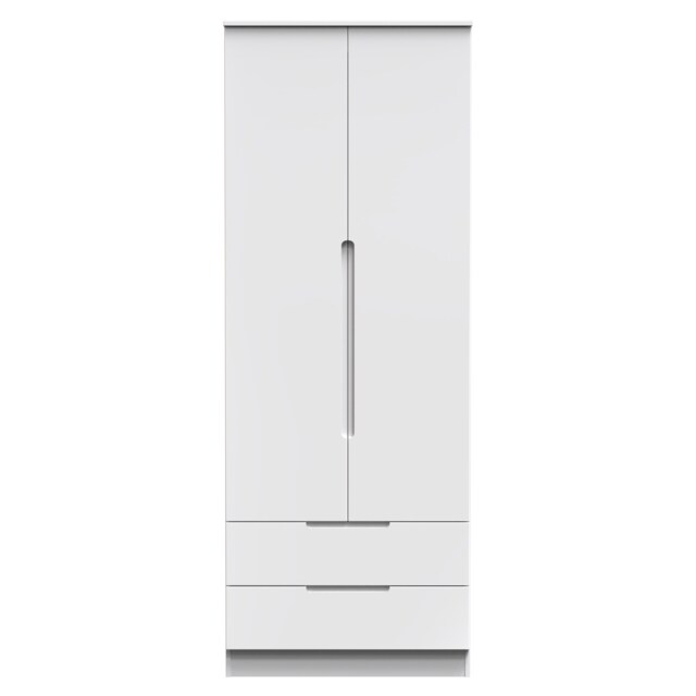 Lucca Tall 2 Drawer Double Wardrobe in White Gloss & White (Ready Assembled) White White Gloss & White