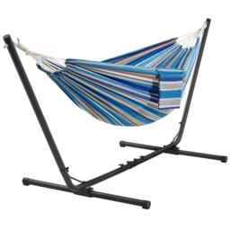 Yaheetech Outdoor Hammock with Adjustable Steel Stand-Blue Red Stripe
