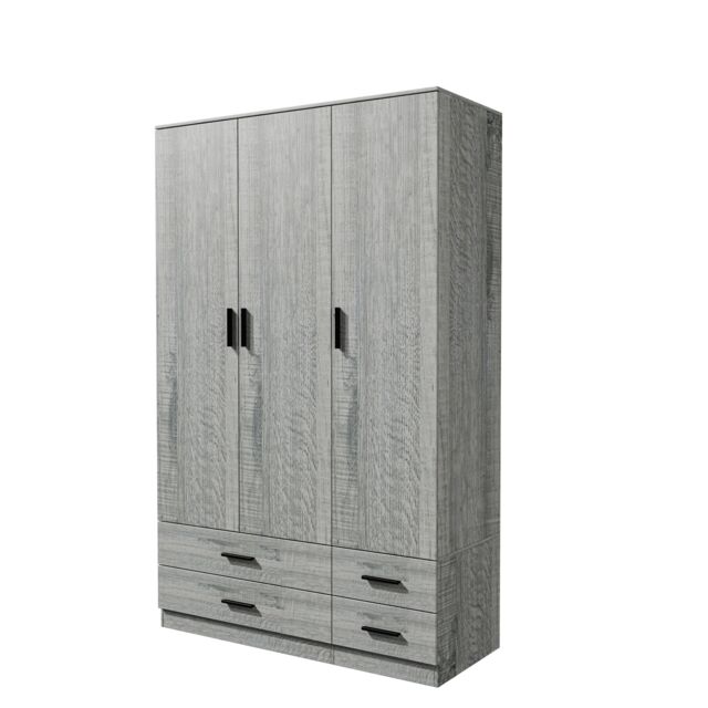 3 Door 4 Drawer Wardrobe With Hanging Rail And Storage Shelf Grey Ash Grey Carcass & Door 1