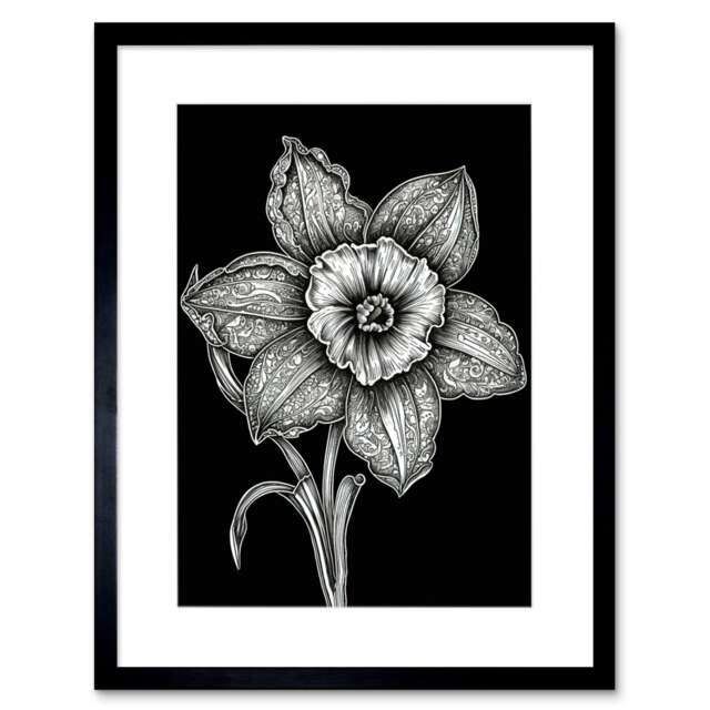 "Black White Daffodil Batik Style Petals 9x7"" Black Framed Wall Art Print"