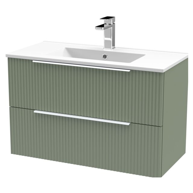 Balterley Tixall Fluted 2 Drawer Wall Hung Vanity Unit with Minimalist Basin, Satin Green, 800mm