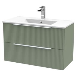 Balterley Tixall Fluted 2 Drawer Wall Hung Vanity Unit with Minimalist Basin, Satin Green, 800mm