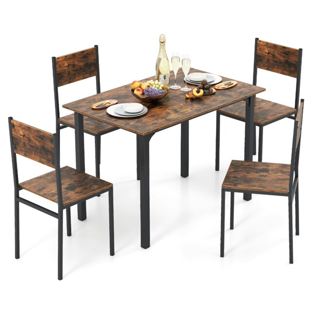 COSTWAY 5 Pieces Wooden Dining Table and 4 Chairs Set Brown Brown 5
