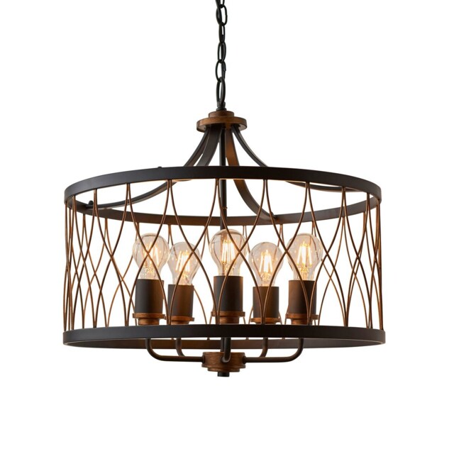 Heston 5 Light Cylindrical Ceiling Pendant Matt Black, Rustic Bronze Effect, E27