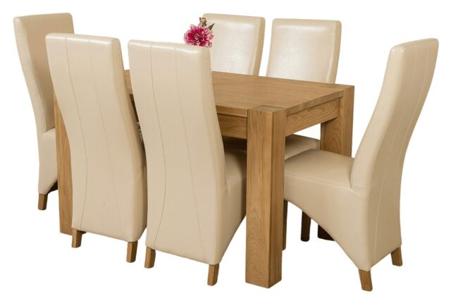 Kuba 125 x 80 cm Chunky Oak Small Dining Table and 6 Lola Leather Chairs Cream Cream