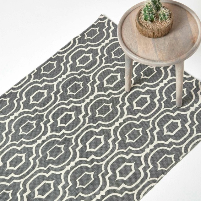 Homescapes Riga Grey and White Cotton Printed Patterned Rug - 90 x 150 cm Grey Grey and white