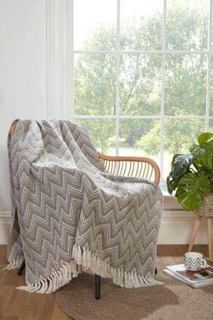 Chester Zig Zag Geometric Natural Throw Over Blanket with Tassels 228 x 250 cm Brown