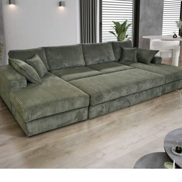 Cannes Home Theatre Large Lounge Jumbo Cord 5 Seater Corner Sofa with Footstool Grey 2