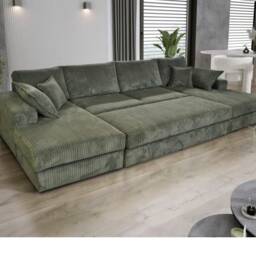 Cannes Home Theatre Large Lounge Jumbo Cord 5 Seater Corner Sofa with Footstool Grey 2