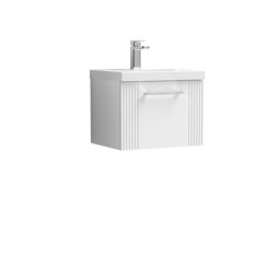Balterley Partial Fluted 1 Drawer Wall Hung Vanity Unit with Mid-Edge 1 Tap Hole Ceramic Basin White Satin White