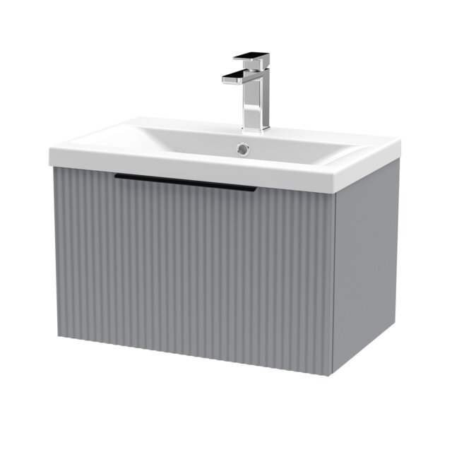 Balterley Fluted Front Wall Hung 1-Drawer Bathroom Vanity Unit with 1 Tap Hole Basin, Handles Grey Satin Grey