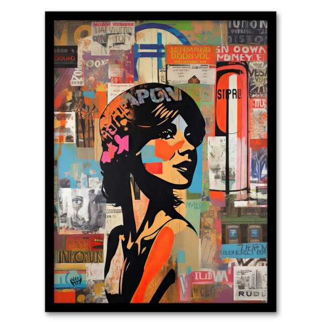 Stencil On City Young Woman Portrait Black Framed Wall Art Print A4